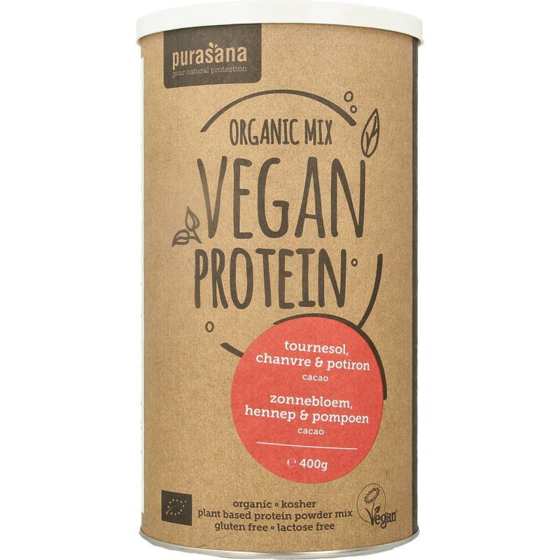 Proteine zonnebloem hennep pompoen cacao vegan bio