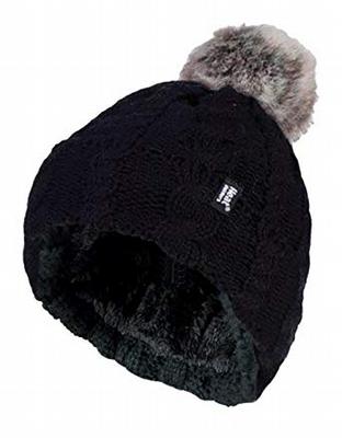Heat Holders Ladies turnover cable hat with pom pom black
