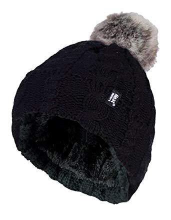 Ladies turnover cable hat with pom pom black
