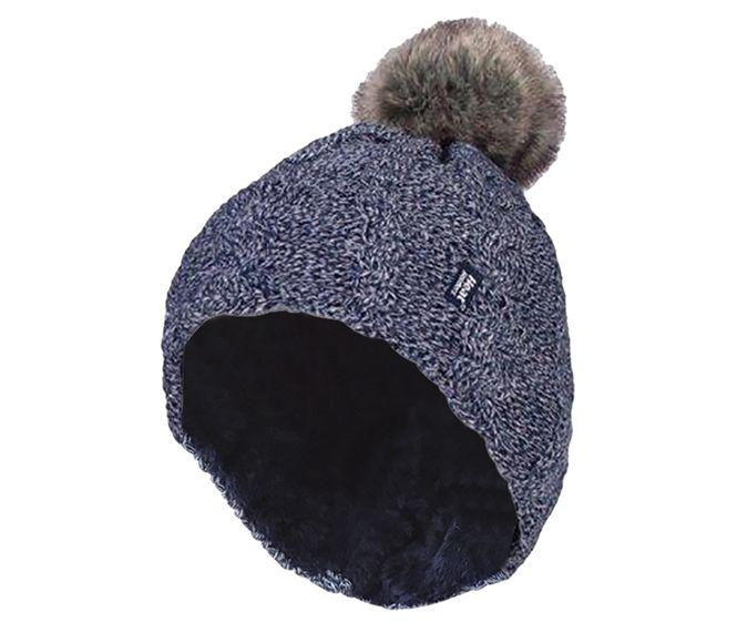 Ladies turnover cable hat with pom pom navy