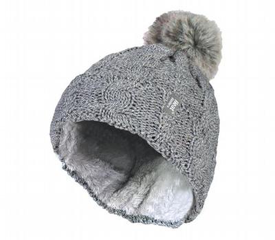 Heat Holders Ladies turnover cable hat with pom pom light grey