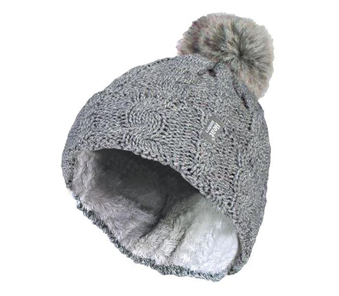Ladies turnover cable hat with pom pom light grey