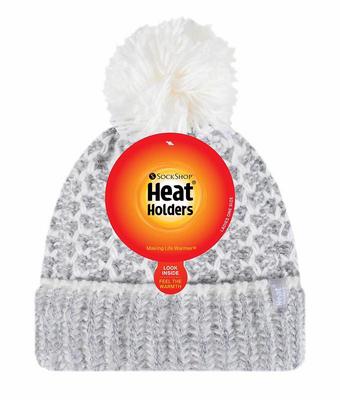 Heat Holders Ladies feathered knit pom pom hat lund grey/cream