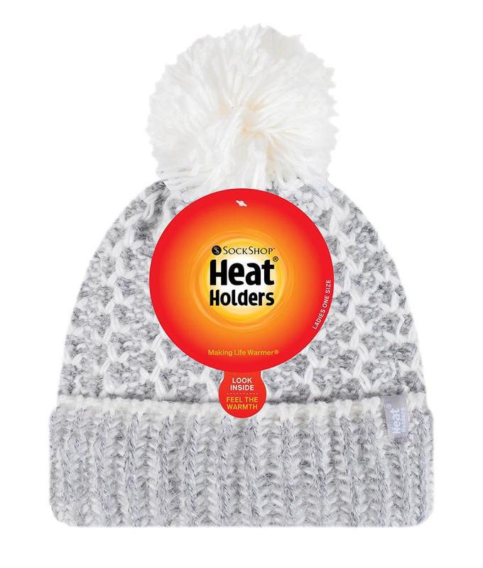 Ladies feathered knit pom pom hat lund grey/cream