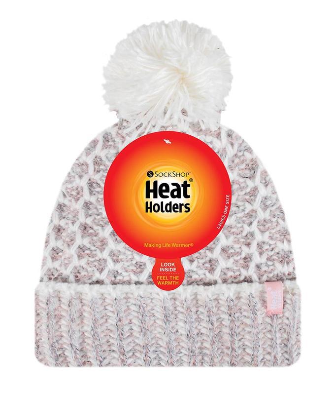 Ladies feathered knit pom pom hat lund coral/cream